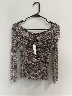 White House Black Market Pink and Brown Leopard Ruched Off-Shoulder Top